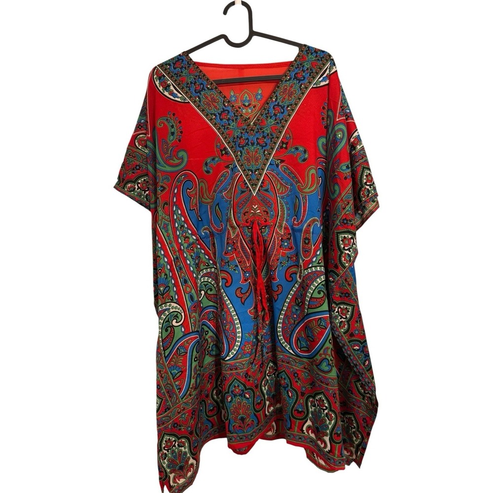 Brhamaki River Of Roses Kaftan Tunic Women Red Beige Boho Beach Cover Up Flowy
